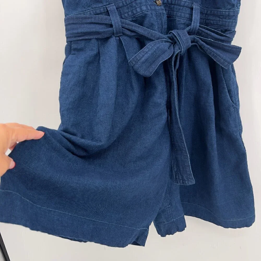 Banana Republic Plus Women's Blue Dark Wash Linen Sleeveless Belted Romper 16